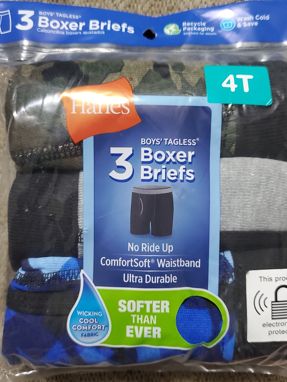 Hanes Boys Size 4T Tagless Boxer Briefs 3-Pack - Blue, Camo, Gray